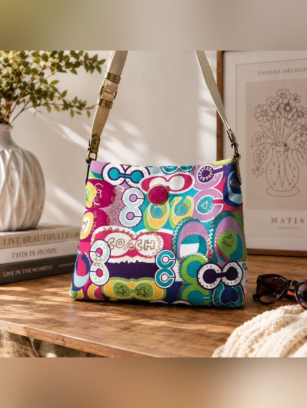 Coach Multicolor Graphic Pop Crossbody with Beige Strap